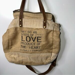 Myra Bag Tan and Brown Seeds of Love Burlap Reusable Grocery Bag